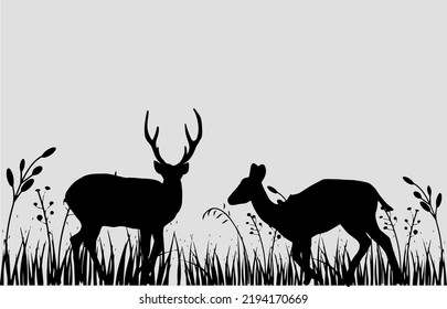 Illustrations of Deer with Grass Silhouette with Grey Background 