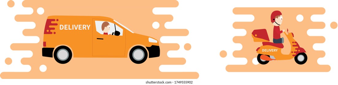 Illustrations of delivery by van and scooter.