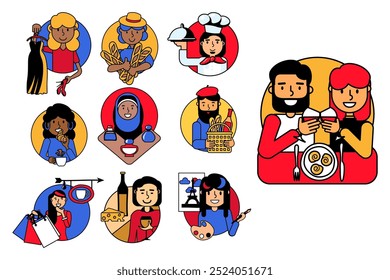 The illustrations depict cheerful characters engaging in various everyday life scenes, such as shopping, baking, drinking coffee, and fashion