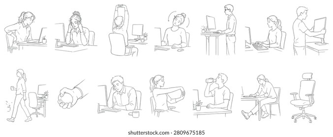 Illustrations depict individuals engaging in various stretches, neck rolls, and posture corrections at their desks to promote health and prevent discomfort