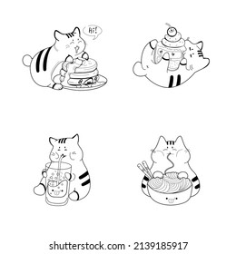 Illustrations depicting a cat who loves to eat well.