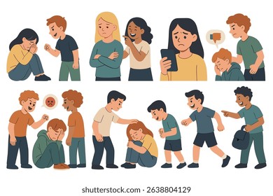 Illustrations depicting cyberbullying and peer pressure among children showing emotional distress and support