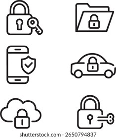 Illustrations Depicting Different Facets of Security Featuring a Padlock, Key, Shield, Cloud, Folder, and Car in Black and White