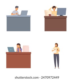 Illustrations depicting employees with various reactions while working on computers, showing diverse office scenarios