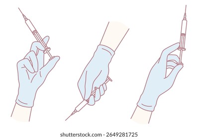 Ilustrações representando as mãos habilmente usando uma seringa, destacando várias técnicas médicas importantes