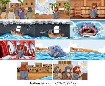 Illustrations depicting key moments from the biblical tale of Jonah and the Big Fish