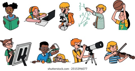 Illustrations depicting the moments of children studying in various subjects. Vector illustrations about education.