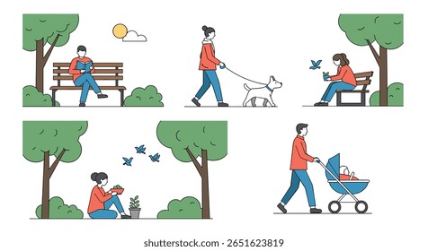 Illustrations depicting people enjoying a sunny day in a park with various recreational activities