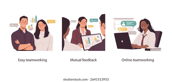 Illustrations depicting professional teamwork, peer feedback with data analysis, and remote collaboration through online communication platforms.