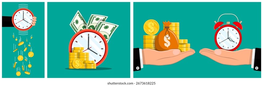 Illustrationen, die verschiedene Konzepte von Zeit und Geld darstellen, darunter eine Hand, die eine Uhr mit fallenden Münzen, Geld und einer Uhr hält, und Hände, die eine Uhr gegen Geld tauschen.