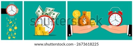 Illustrations depicting various concepts of time and money, including a hand holding a clock with falling coins, money and a clock, and hands exchanging a clock for money.