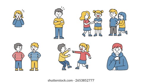 Illustrations depicting various negative social interactions among children showing bullying behavior and emotional distress