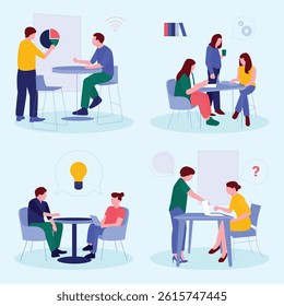 Illustrations depicting various team meetings, showcasing brainstorming, presentations, and collaborative work in a modern office setting.