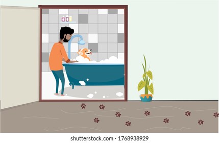 The illustrations depicts a typical day for any pet owner , from walking outdoors to coming back home and bathing , followed by grooming.