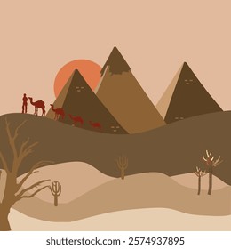 Illustrations desert camel caravan with cactus from the back is a pyramid 