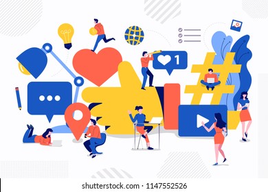 Illustrations design concept big social media icons development via teamwork of small people buisiness man and woman. Vector illustrate.