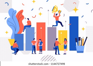Illustrations design concept business success via growth graph chart. Small people working together for drive business goal. Vectyor illustrate.
