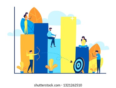 Illustrations design concept business success via growth graph chart. Small people working together for drive business goal. Vector illustrate. Business winner achievement, ambition. Audit marketing