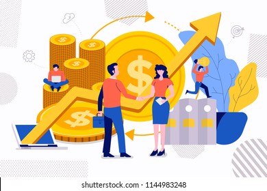 Ilustraciones diseñan concepto de crecimiento financiero creativo inversión de dinero a través de un exitoso equipo de hombres y mujeres de negocios apretón de manos. Vector ilustrado.