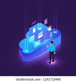 Illustrations design concept digital network with cloud technology and service solution. Vector isometric illustrate.