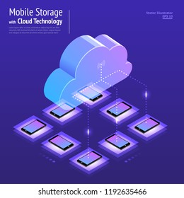 Ilustrações projetam o conceito de rede digital com tecnologia de nuvem e solução de armazenamento de dados de serviço. Ilustração isométrica vetorial.