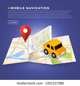Illustrations design concept location maps with road follow route for destination drive by GPS navigator. Pin point on direction. Vector isometric illustrate.