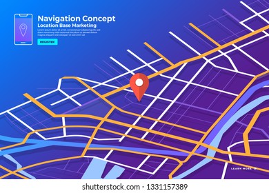 Illustrations design concept location maps with road follow route for destination drive by GPS navigator. Pin point on direction. Vector isometric illustrate.