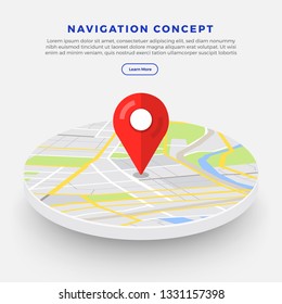 Illustrations design concept location maps with road follow route for destination drive by GPS navigator. Pin point on direction. Vector isometric illustrate.