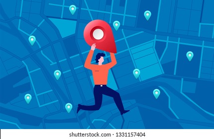 Illustrations design concept location maps with road follow route for destination drive by GPS navigator. Pin point on direction. Vector isometric illustrate.