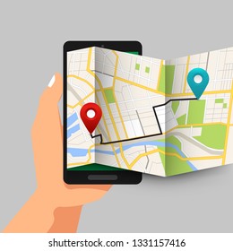 Illustrations design concept location maps with road follow route for destination drive by GPS navigator. Hand hold mobile maps. Vector isometric illustrate.