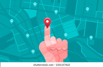 Illustrations design concept location maps with road follow route for destination drive by GPS navigator. Hand hold mobile maps. Vector isometric illustrate.