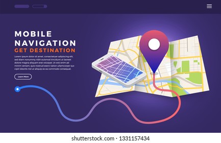 Illustrations design concept location maps with road follow route for destination drive by GPS navigator. Pin point on direction. Vector isometric illustrate.
