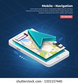 Illustrations design concept location maps with road follow route for destination drive by GPS navigator. Pin point on direction. Vector isometric illustrate.