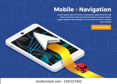 Illustrations design concept location maps with road follow route for destination drive by GPS navigator. Pin point on direction. Vector isometric illustrate.