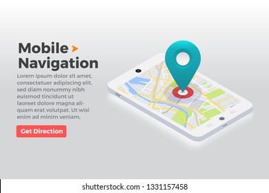 Illustrations design concept location maps with road follow route for destination drive by GPS navigator. Pin point on direction. Vector isometric illustrate.