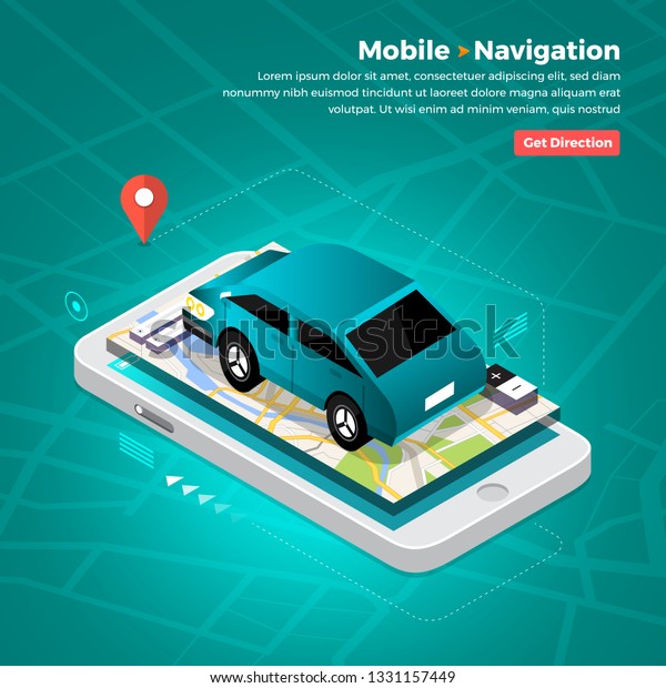 Illustrations design concept location maps\
with road follow route for destination drive by GPS navigator. Pin\
point on direction. Vector isometric\
illustrate.