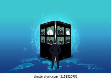 Illustrations design concept video conference by mobile. online meeting work form anywhere . Vector Illustration.
