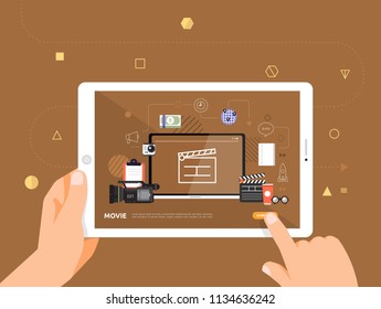 Illustrations design concpt e-learning with hand click on tablet online course movie. Vector illustrate.