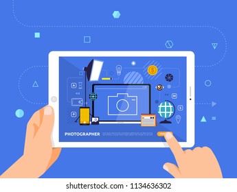 Illustrations design concpt e-learning with hand click on tablet online course photographer. Vector illustrate.