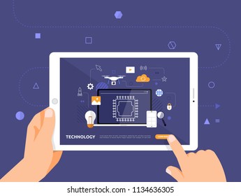 Illustrations design concpt e-learning with hand click on tablet online course technology. Vector illustrate.
