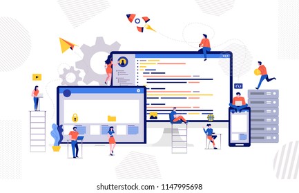 Illustrations design developer or programmer development code and website ond desktop mobile device via working together. Vector illustrate.