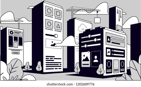 illustrations of development sites in the form of buildings in black and white in flat style
