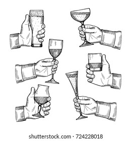 Illustrations of different alcoholic drinking glasses in hands. Vector hand drawn pictures isolate. Alcohol drink toast, beverage in engraving glass