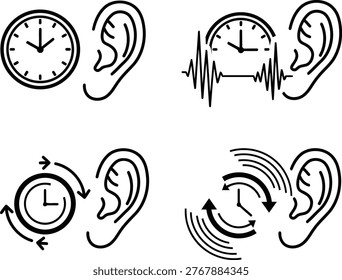 Illustrations of different auditory perception and time-related concepts involving ears and clocks Vector