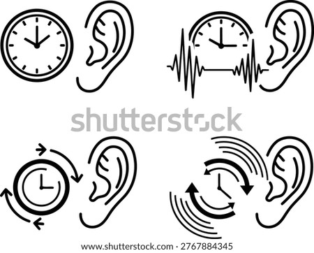 Illustrations of different auditory perception and time-related concepts involving ears and clocks Vector
