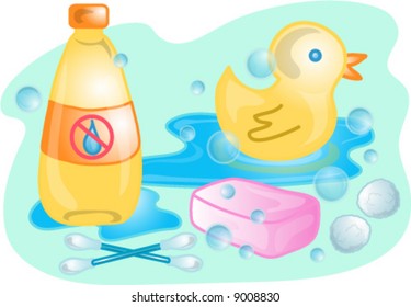 Illustrations of different baby bath products.