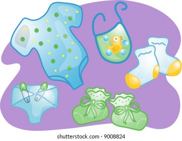 Illustrations of different baby clothes in blue.