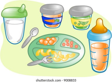 Illustrations of different baby food items and products.