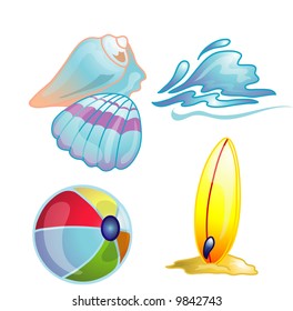 Illustrations of different beach icons and products.