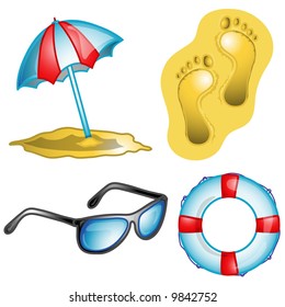 Illustrations of different beach icons and products.
